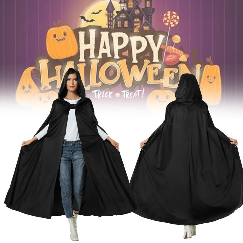 Halloween Long Hooded Cloak Cape Vampire Witch Black Spooky Fancy Unisex Outfit
