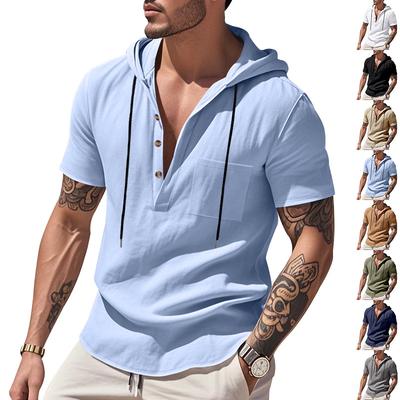 Camiseta Henley Masculina de Verão com Capuz, Manga Curta e Caimento Solto