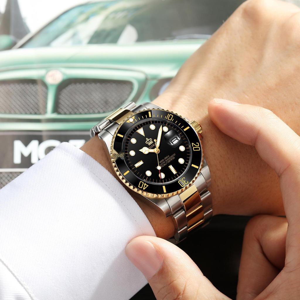 Men's Green Submariner Quartz Sport Watch, Steel Band, Date Feature, Luminous, Waterproof, Student, Rotating Bezel.