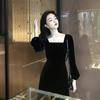 2026 New Golden Velvet Dress Women's Autumn and Winter Long-sleeved French Retro Waist Hepburn Style Square Collar Small Black Dress