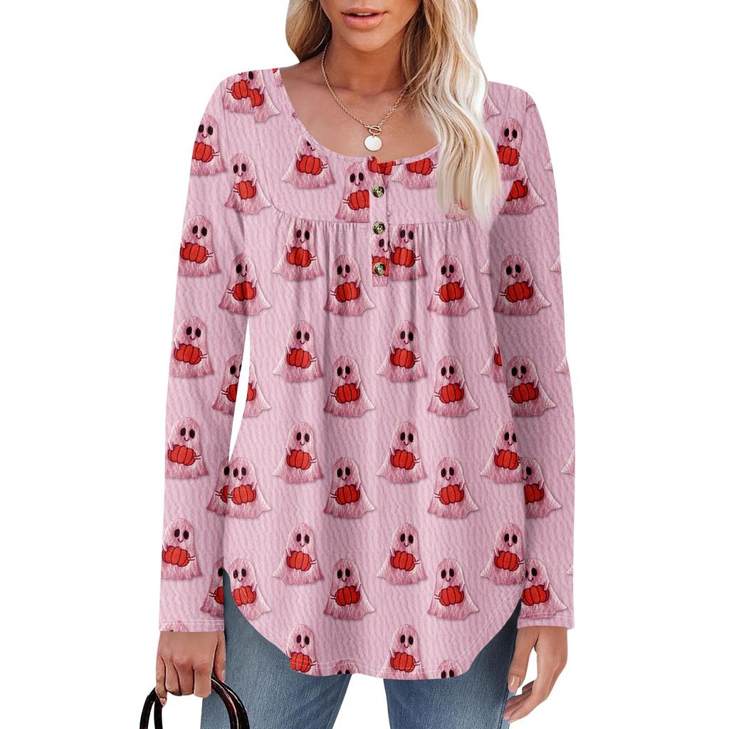 Dame Langermet Tunika Løse Topper Casual Oversized Topper Plissert Tunika Knapper Ned Casual Dame Print Topper
