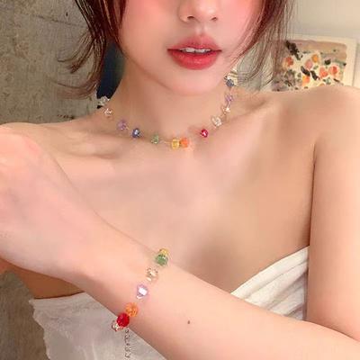 Summer Dopamine Color Crystal Beaded Necklace Collarbone Chain Versatile High Sense Choker Neck Chain Necklace Necklace