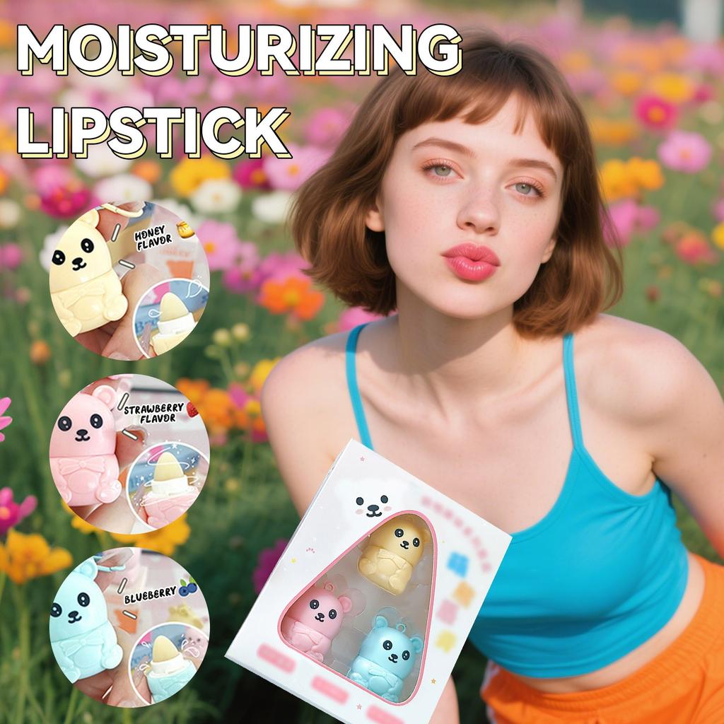 Bear Lip Balm Set, With Key Ring Lip Balm Honey, Strawberry And Blueberry Flavors, Suitable For Dry And Cracked Lips,3pcs/box,