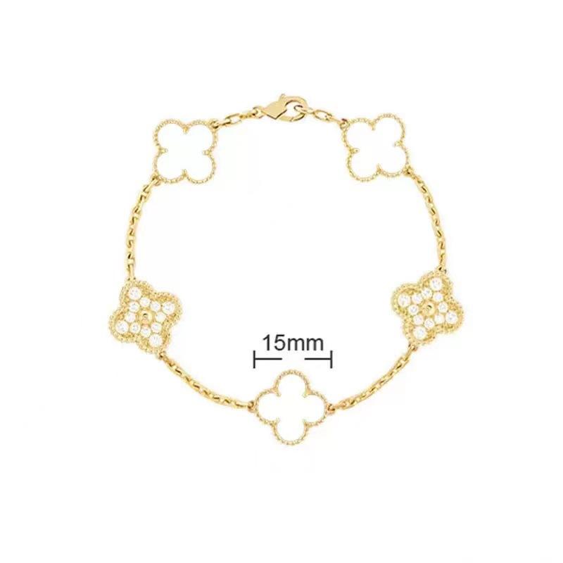 

Высококачественный браслет из 18-каратного розового золота с лазерной белой перламутровой вставкой, красным халцедоном 15 мм, четырехлистным клевером и пятью цветами для женщин