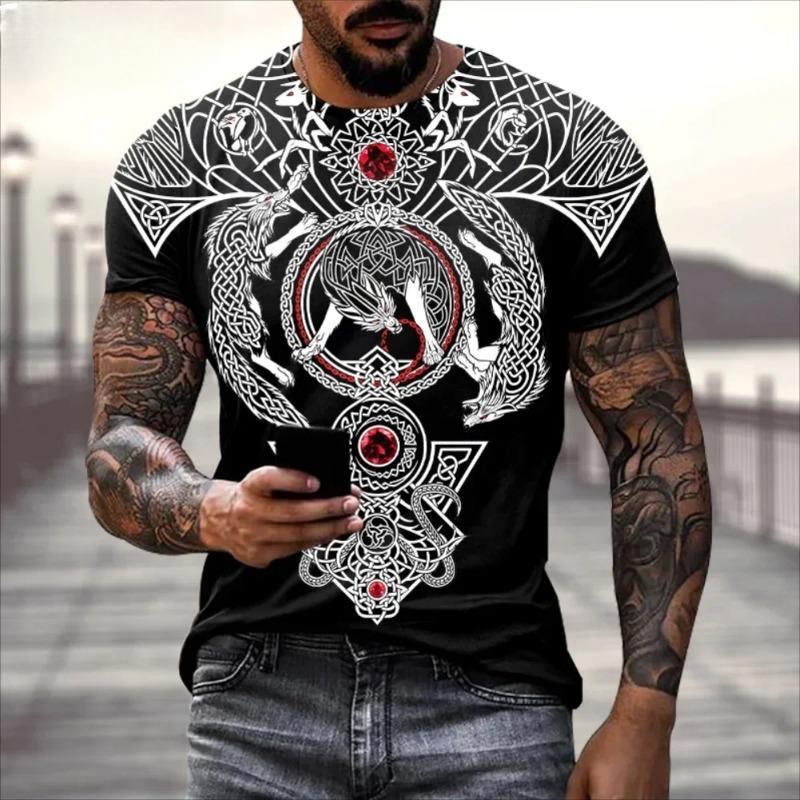 Europe and the United States Selling Viking Tattoo Art T-shirt Men's 3D Printed Round Neck T-shirt Summer Casual Sports Short Sl
