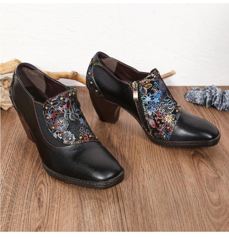 Johnature Genuine Leather Ethnic Style Pumps Women Shoes Handmade Fashion Rivet Side Zipper High Heels Ladies Shoes