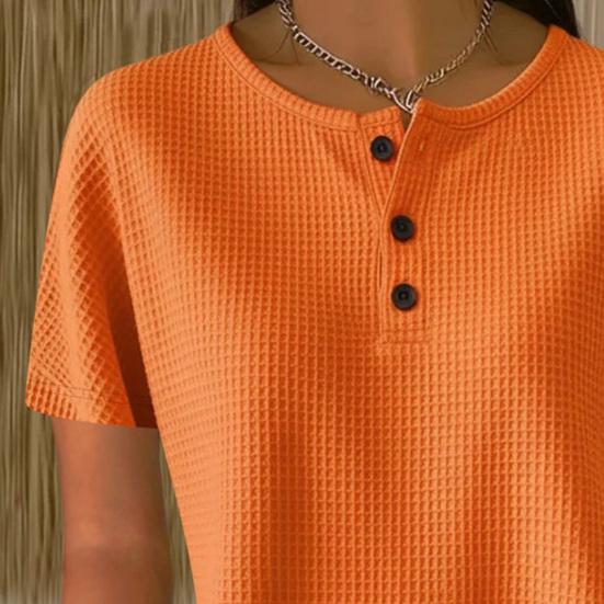 Dámské topy Kulatý výstřih Knoflíky Poloviční léga Krátké rukávy Ležérní topy Jednobarevné Volný střih Vaflová textura Letní tričko