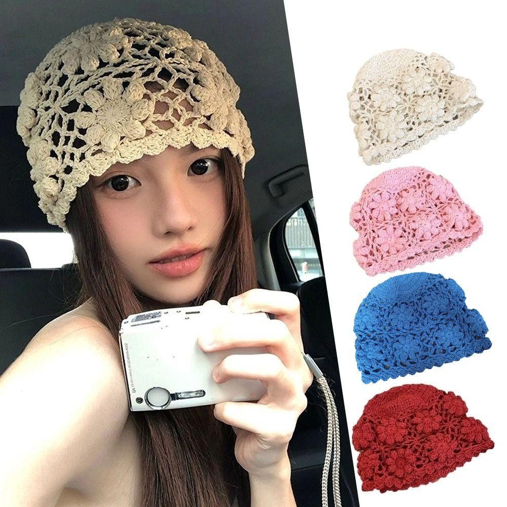 Hollow Knit Basin Caps Handmade Beanies Cap Korean Crochet Flower Hat  Outdoor