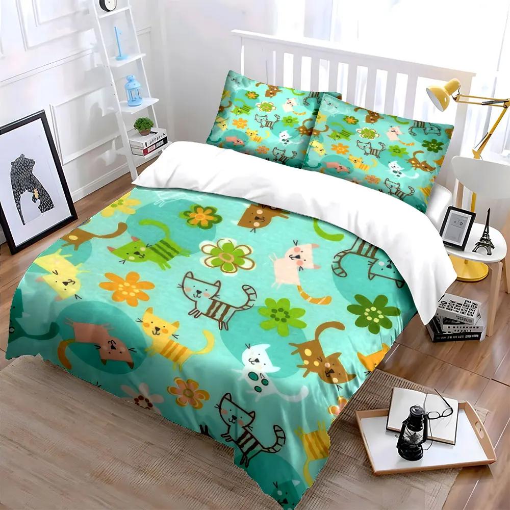 3Pcs Cute Cat Bedding Set Colorful Cartoon Cats and Flowers Print Duvet Cover + 2 Pillowcases Kids Nursery Decor