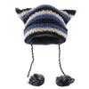 Knit Striped 3D Cat Ear Hat Elastic Windproof Hat with Pom Pom Decor Ear Protector Hat Winter Cycling Skiing Hat
