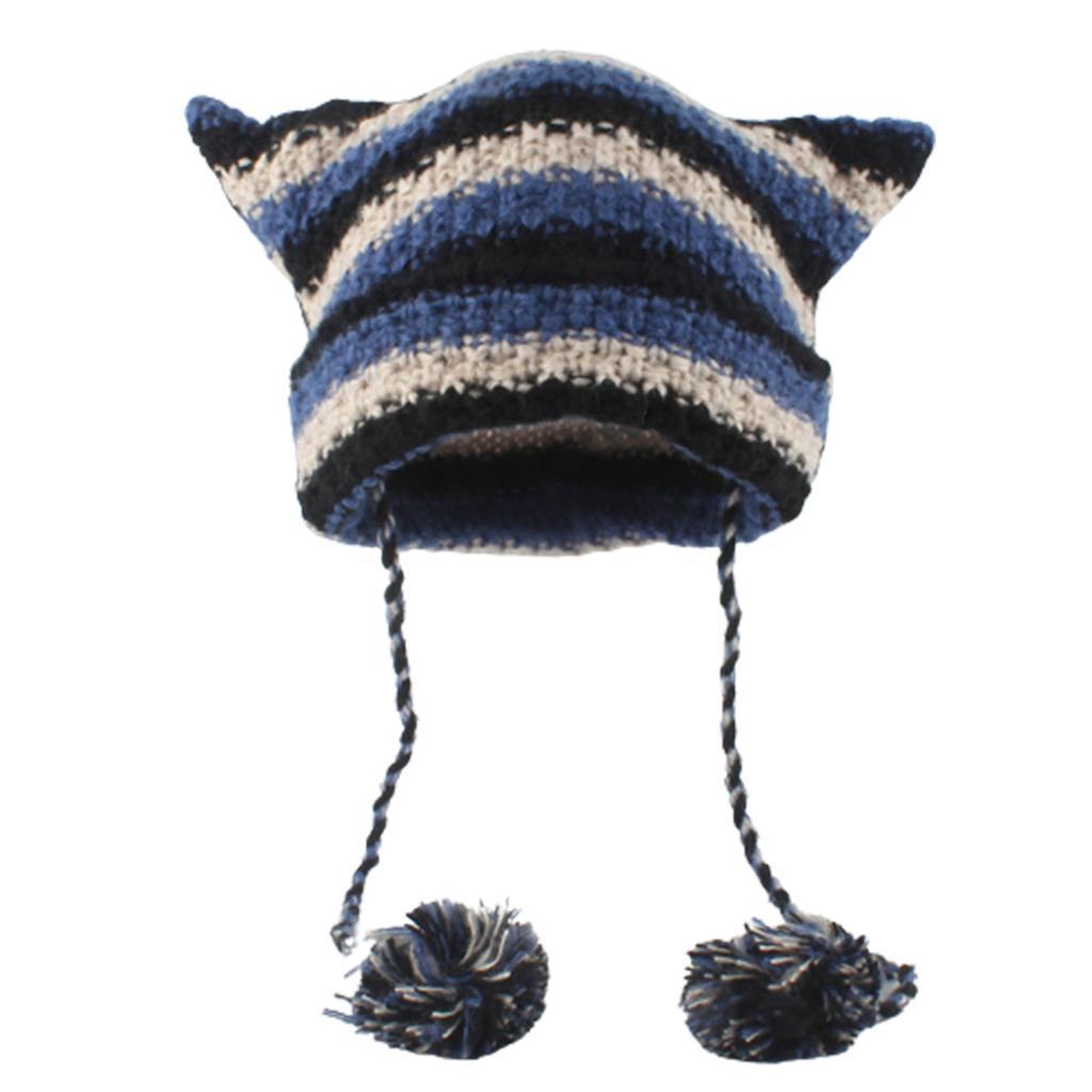 Knit Striped 3D Cat Ear Hat Elastic Windproof Hat with Pom Pom Decor Ear Protector Hat Winter Cycling Skiing Hat