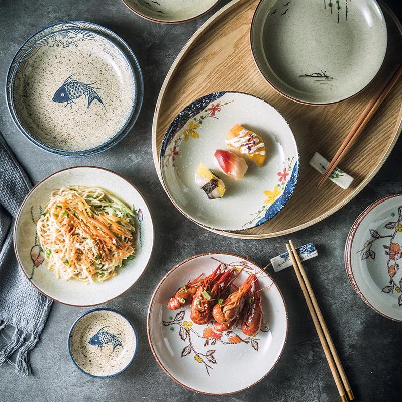 Japanese Style Underglaze Dish Sushi Dishes Cold Dish Dish Ceramic Plate Household round Fruit Flat Plate