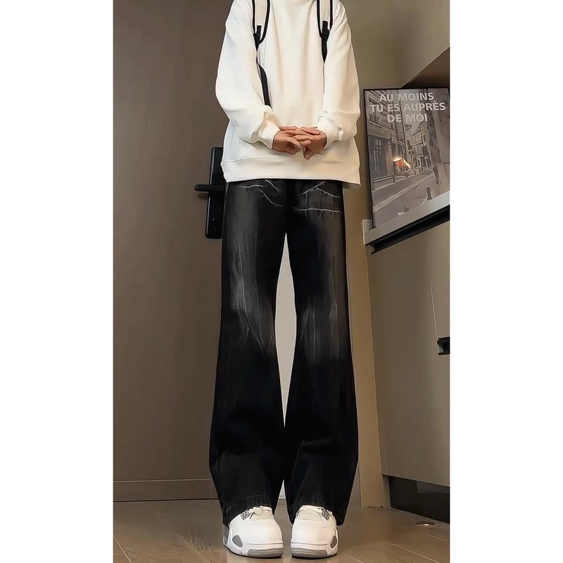 Black lightning pattern jeans men's spring and autumn ruffian handsome fried street pants American high street straight micro-pull pants