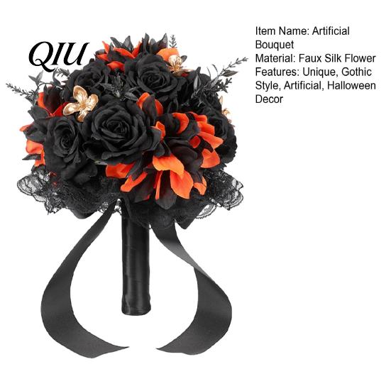 Artificial Halloween Flowers Wedding Bouquets for Bride And Bridesmaid, Gothic Bouquet, Spooky Floral Centerpiece Black Rose Blooms Fake Bouquet