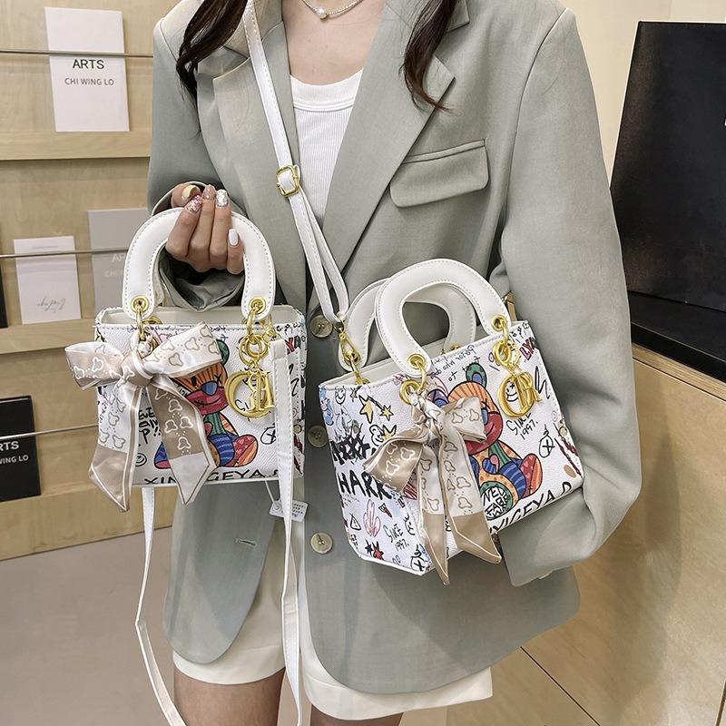New fashion silk scarf graffiti contrasting color Princess Diana bag portable shoulder oblique span trendy women's bag