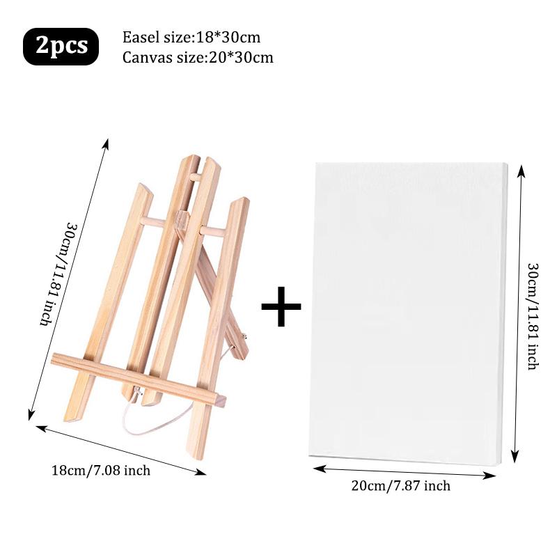 2-Pack Mini Wooden Easel With Canvas Set,Portable Desktop Art Easel Stand With Blank Canvas,For Acrylic,Watercolor,Oil Painting