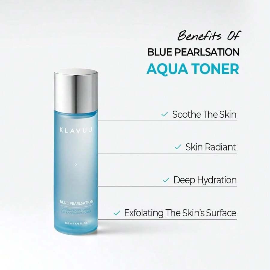 KLAVUU Blue PEARLSATION ONE Day 8 Cups Marine Collagen Aqua Toner 140ml - Deeply Hydrating & Soothing For Skin Radiance
