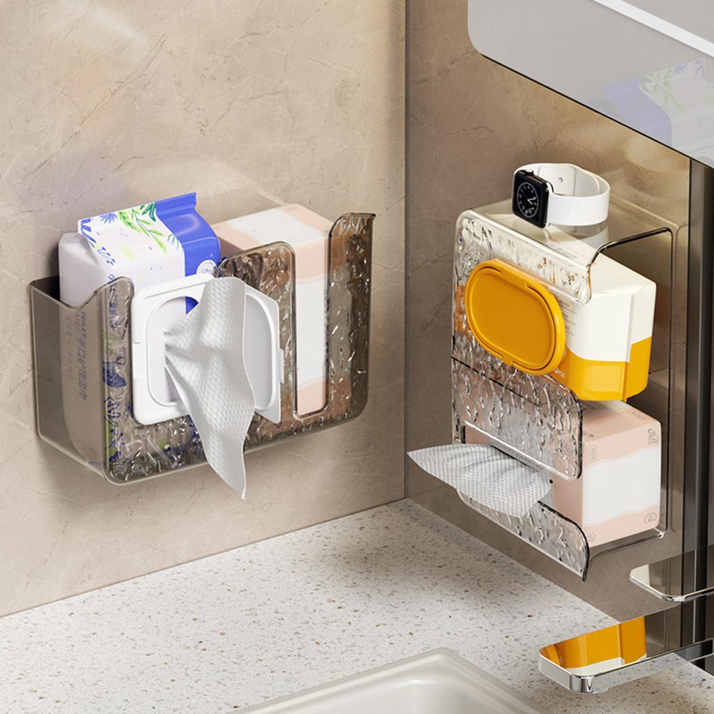 Two Section Adhesive Tissue Storage Box Transparent Bathroom Dispenser with Duals Compartment Wet Wipes Container