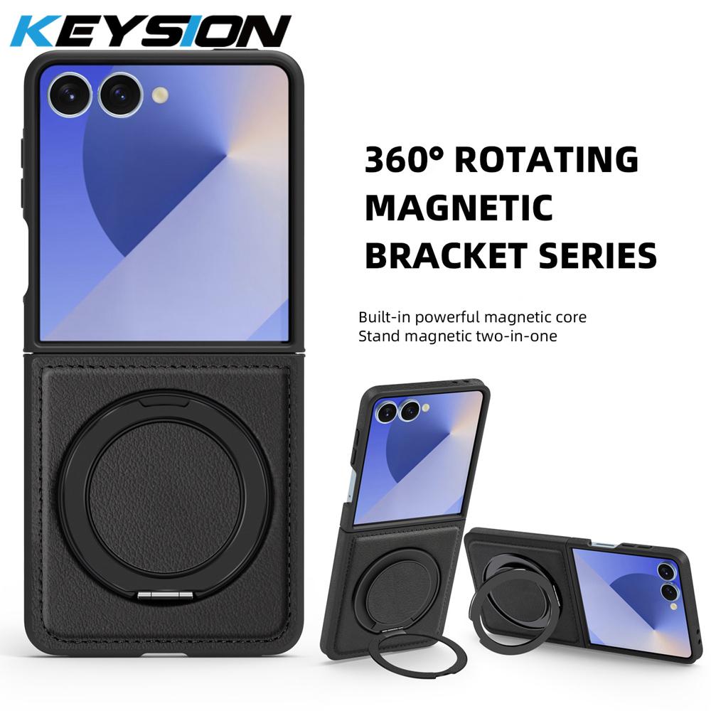 

KEYSION 360° Rotating Magnetic Ring Stand PU Leather Case for MagSafe for Samsung Z Flip 7 5G 7 SE Wireless Charging Phone Cover for Galaxy Z Flip 7 чорний