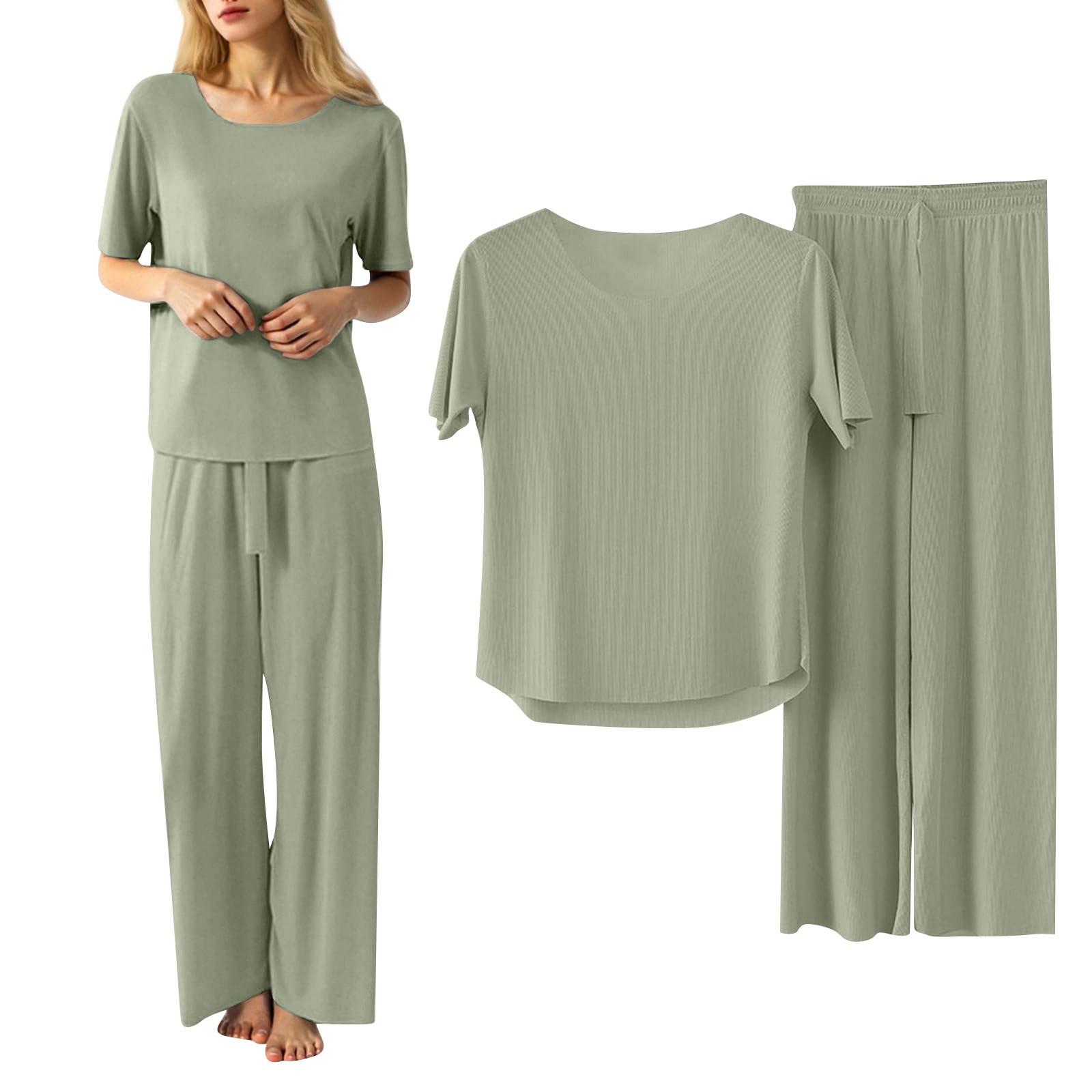 

Женский повседневный пижамный комплект, однотонный топ с круглым вырезом и короткими рукавами, комплект из двух предметов One Size зелёный