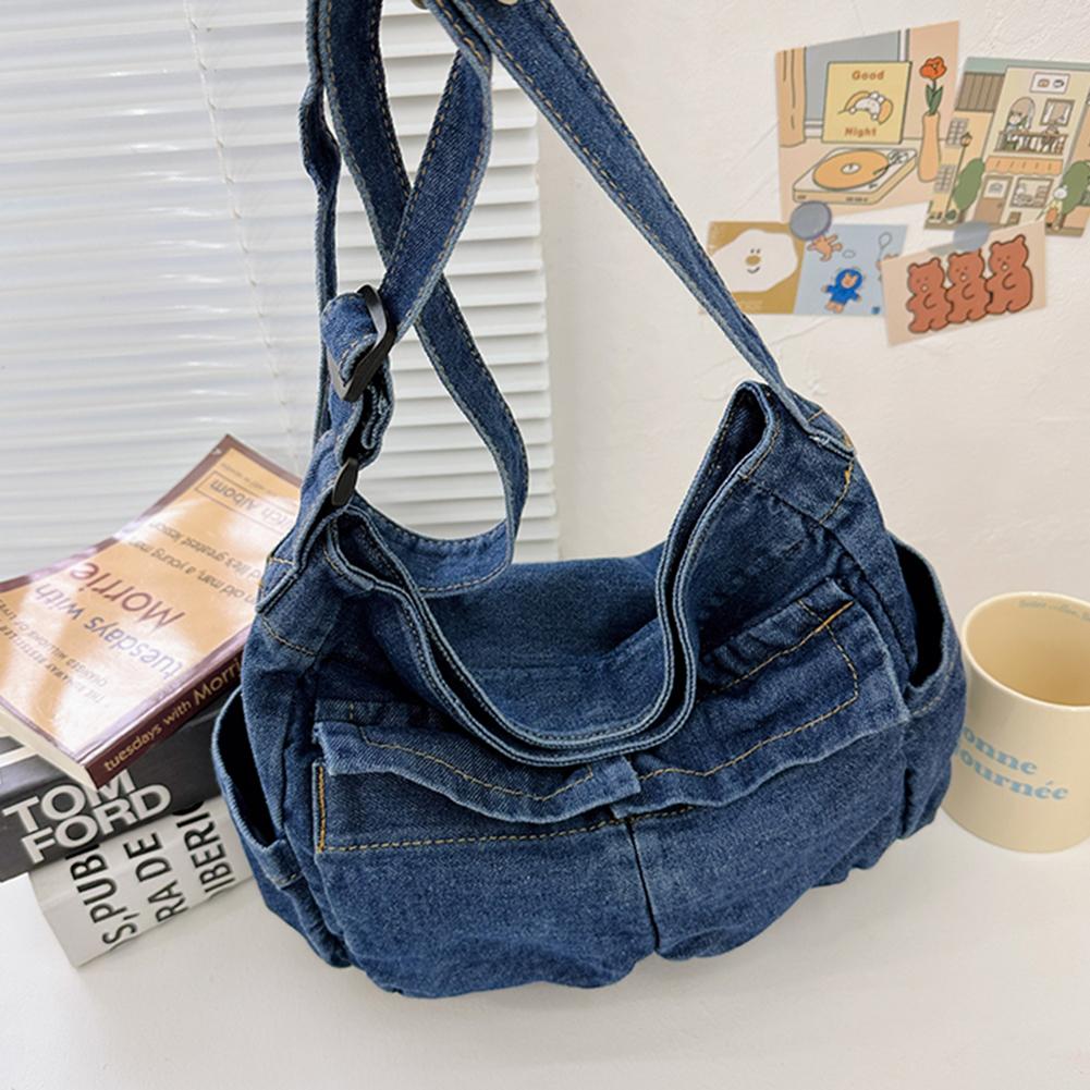 Women Vintage Messenger Bag Large Capacity Denim Daily Tote Bag Adjustable Strap Trendy Carrying Bag Multifunction Chic Hobo Bag