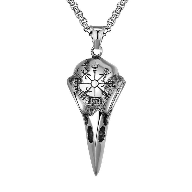 Nordic Raven Skull Viking Stainless Steel Necklace with Punk Style Eagle Beak Pendant for Men.