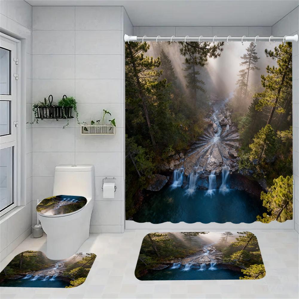 1/4 Forest Waterfalls  Print Shower Curtains, Toilet Seat Decoration, Shower Curtain with Carpet and Toilet Lid, 70.8x70.8 Inch