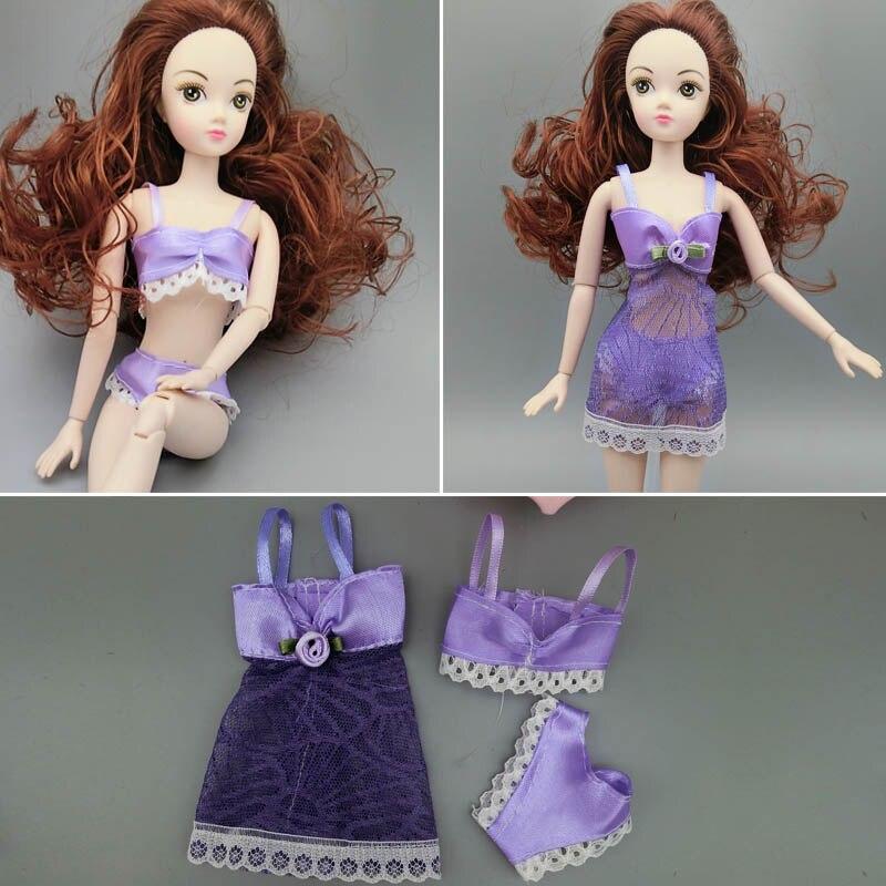 Purple Sexy Pajamas Lingerie Nightwear Lace Night Dress + Bra + Underwear Clothes For Barbie Doll Dresses Girl Gift