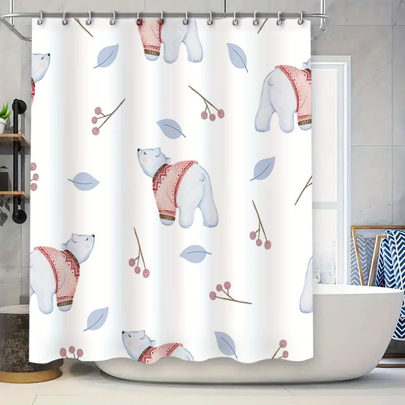 

Winter-Themed Shower Curtain Featuring Cute Polar Bears Wearing Cozy Sweaters With Red Berries Leaves Design For Bathroom Decora W60H190(CM)-1 Pcs
