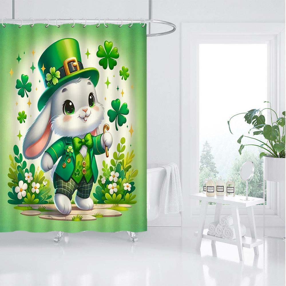

Waterproof Polyester Shower Curtain - Green Leprechaun Rabbit With Hat & Clover, St. Patrick S Day Decor, Machine Washable W60H190(CM)-1 Pcs