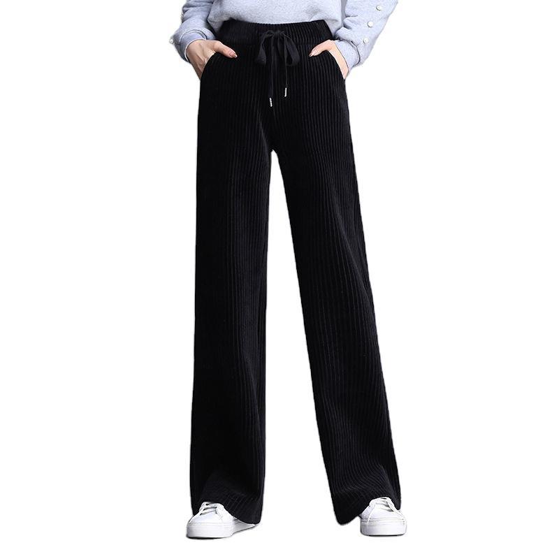 Dámské podzimní a zimní vycpané ležérní manšestrové kalhoty s vysokým pasem volné zesílené kalhoty