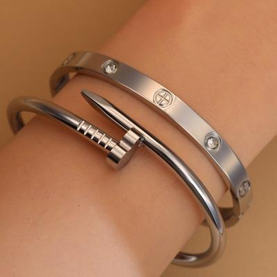 Hot Selling Heart Shaped Zircon Stainless Steel Gold Color 2-in-1 Bracelet Ladies Jewelry Wholesale Gift Bangles