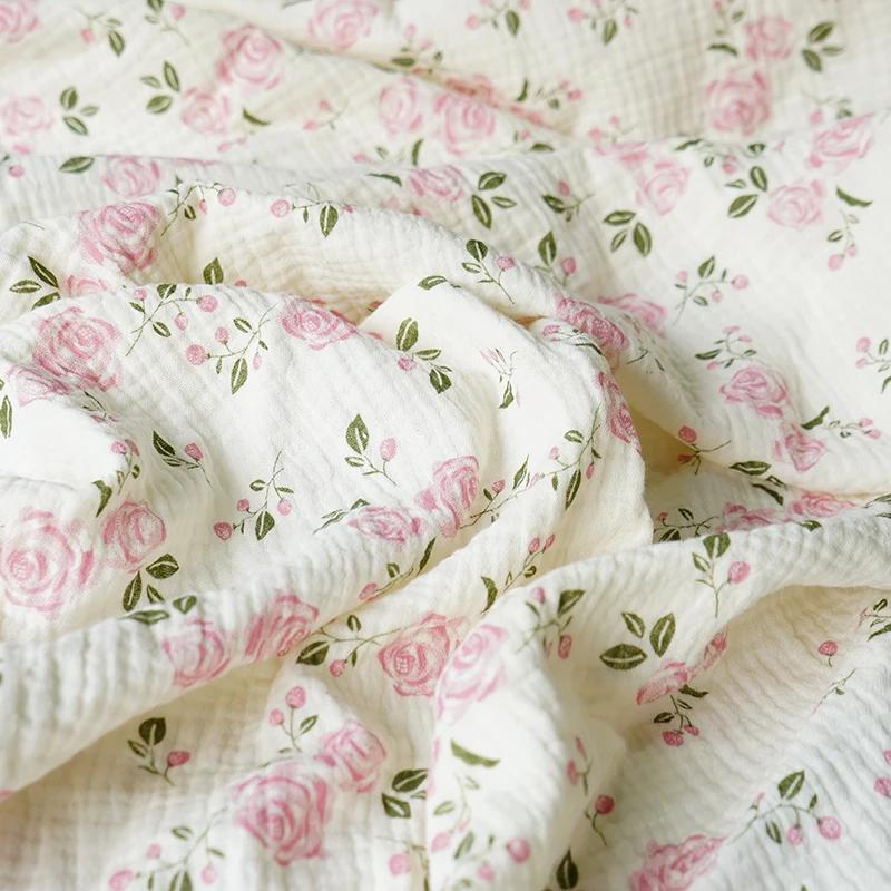 135x50cm Pure Cotton Pink Rose Flower Printed Double-layer Crepe Fabric, Making Kids Blanket, Pajamas DIY Clothing Fabric