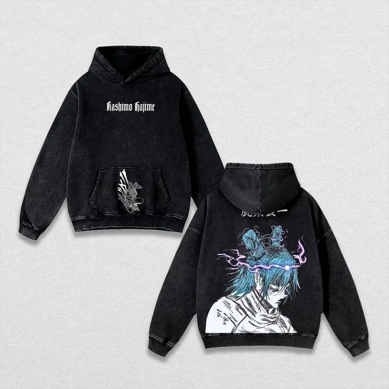 Anime Jujutsu Kaisen Hajime Kashimo Print Hooded Men Women Hoodies Cotton Pullover Retro Washed Sweatshirt Harajuku Streetwear