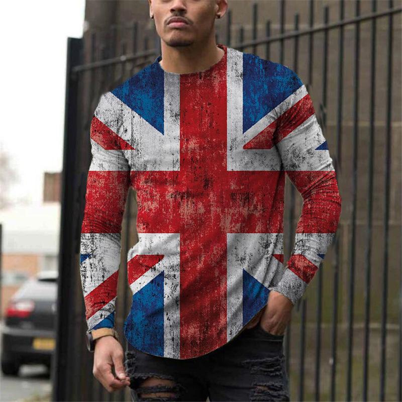 Streetwear Flag T-Shirts Frühling Herbst Rundhals Langarm Top Herren Übergröße Sportbekleidung Übergröße Vintage 3D-Druck T-Shirt