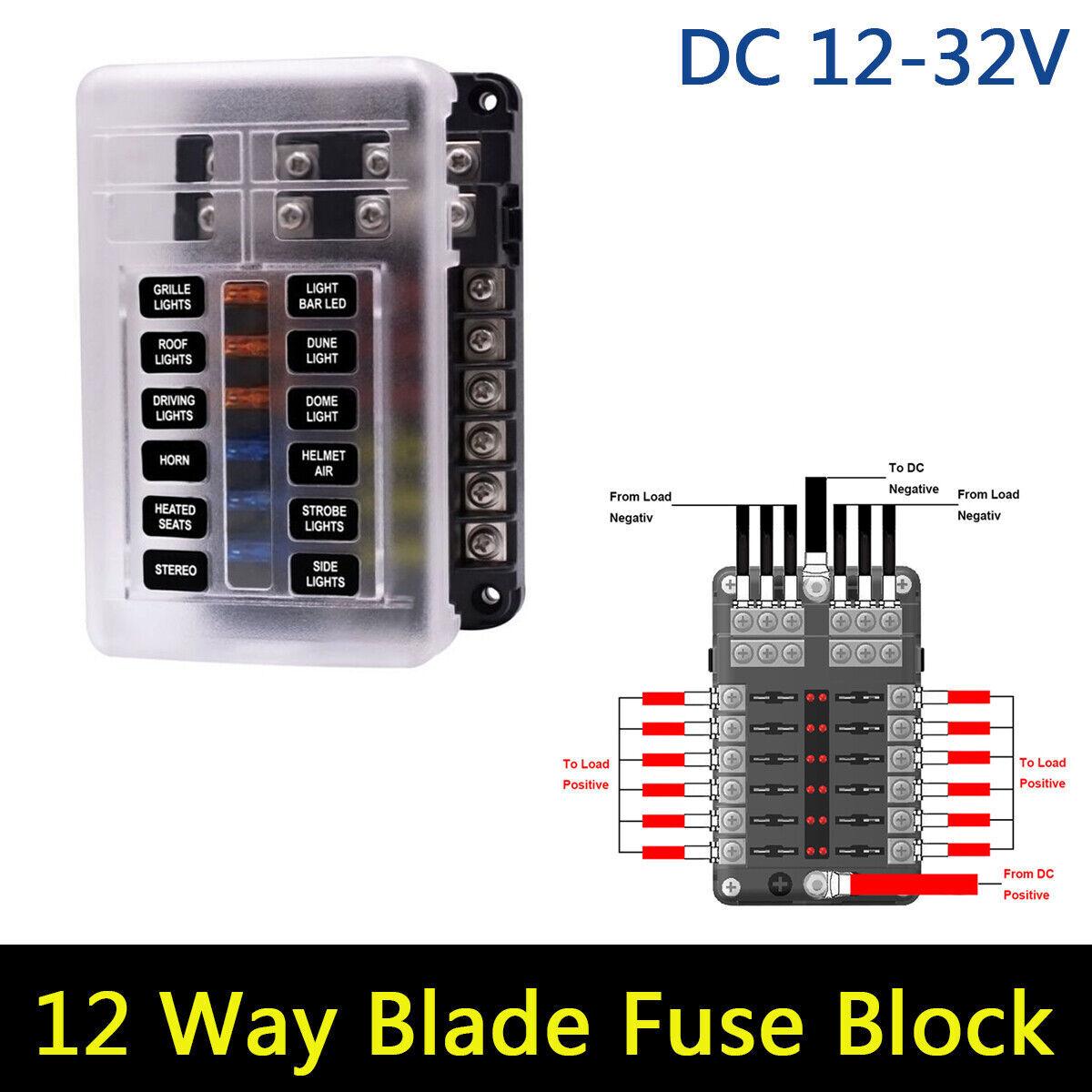 Car Boat Fuse Block 12 Way LED Fuse Junction Box Blade Fuse Terminal Box 12V/24V