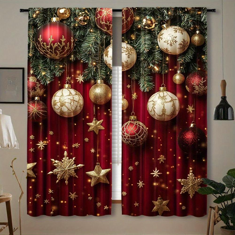 

Комплект из 2 шт., шторы с принтом «Золотой рождественский шар» — дизайн с карманами на штанге для легкого подвешивания, идеально подходит для кухни, спальни и гостиной (W120H270cm)-2pcs&Grommet Top