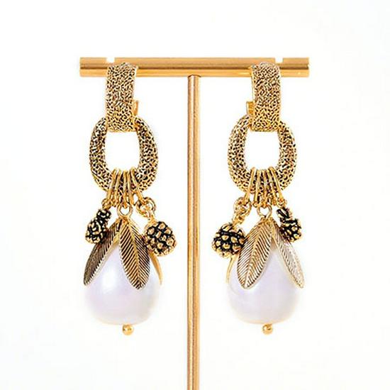 Pearl Earrings with Pine Cone & Leaf Design | Retro Fashion Round Rings | Elegant Dangle Style