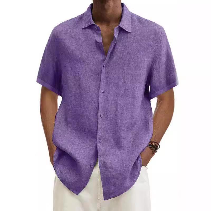 Men Cotton Linen Men's Short-Sleeved Shirts Summer Solid Color Turn-down Collar Casual Beach Style Plus Size Tops