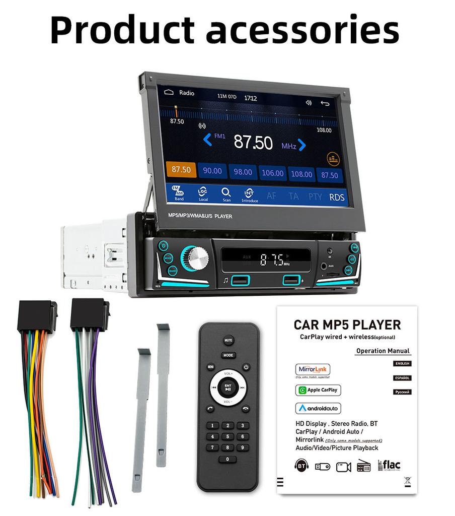 1Din Car Radio Multimedia MP5 Player, 7 inch Universal Navigation with Android Auto & Bluetooth, HD Screen USB TF FM Stereo