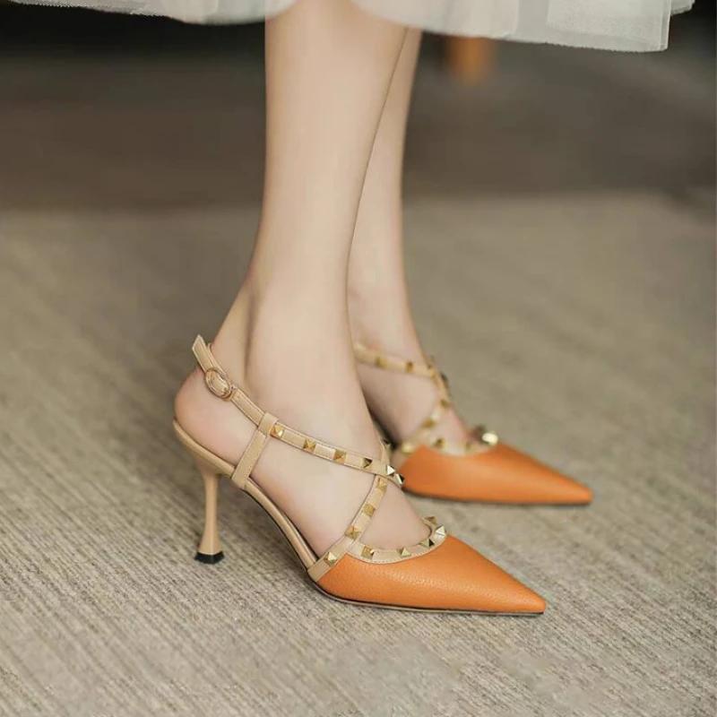 Fashion Women's Sandals Summer New High Heel Pointed Head Rivet Buckle Slippers Casual Temperament Fine Heel Sandals