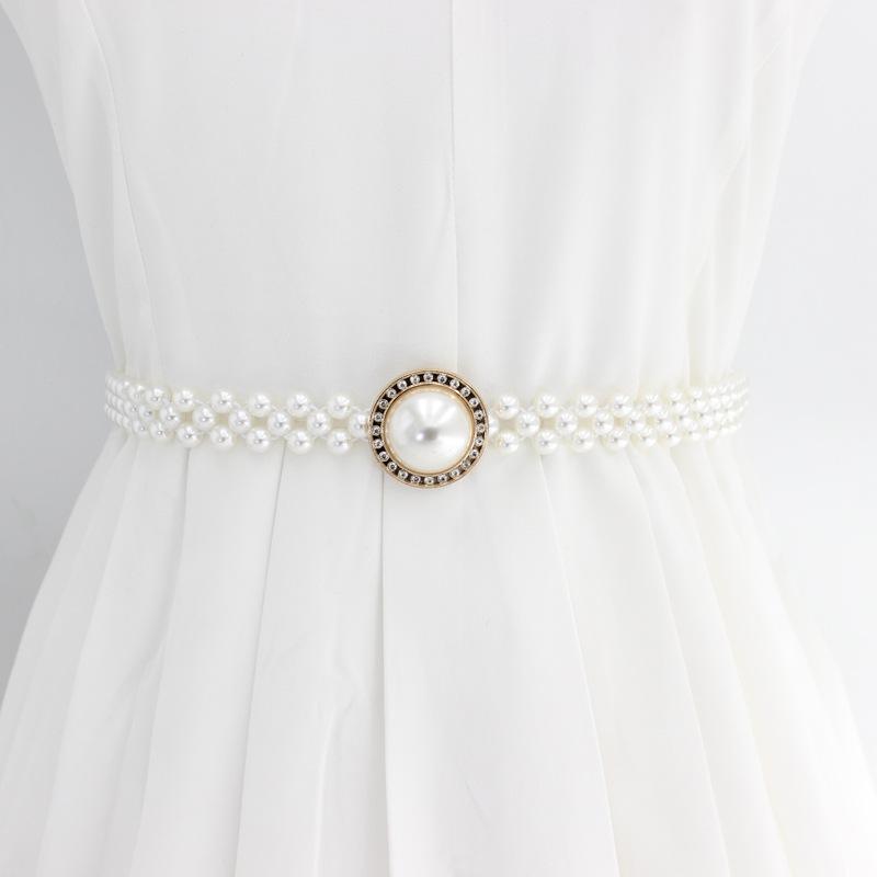 Women'S Rhinestone Pearl Waist Chain Dress Decorative Elastic Belt Women'S Sweet Flower Elastic Waist Seal
