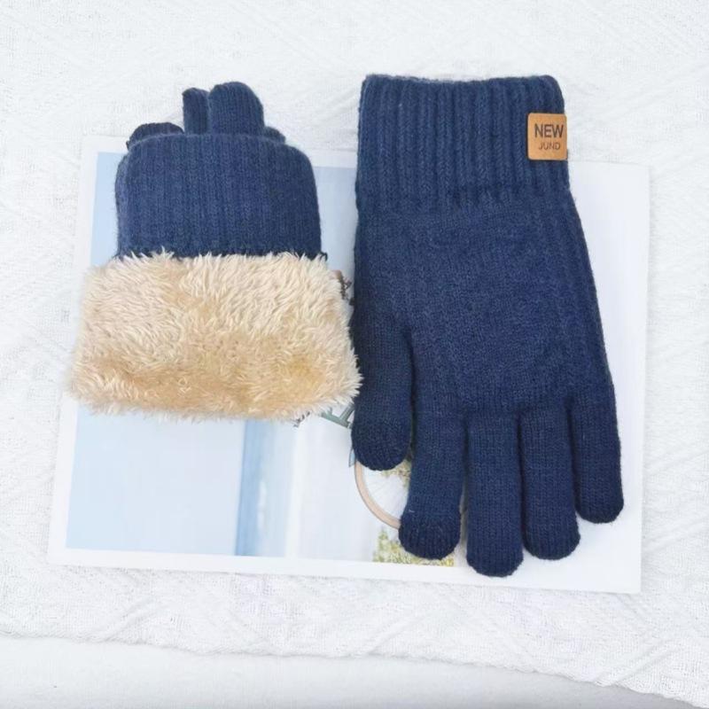 Men's Warm Gloves for Winter Cold Protection Double Layer Solid Color Knitted Gloves for Outdoor Cycling