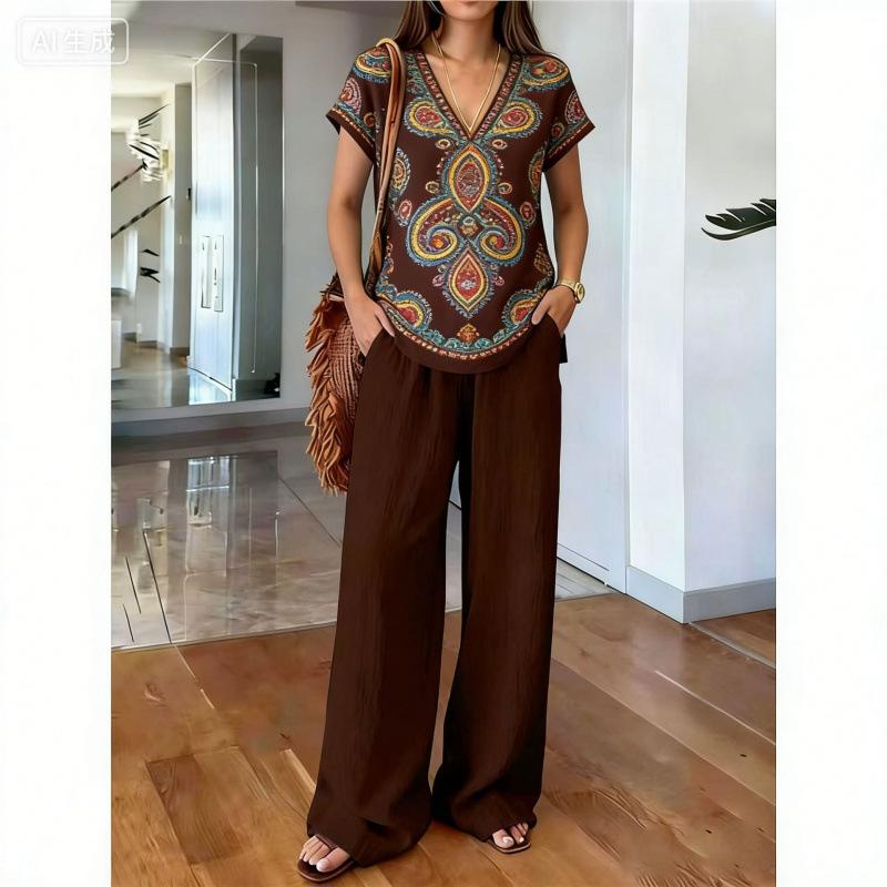 Malaysia Bohemian Print Two-piece Fashion V-neck Short-sleeved Suit Top