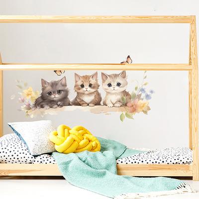Playful Kitten with Flowers and Butterflies Wall Sticker Self-Adhesive Removable Decal for Kids Room Bedroom Home Decor
