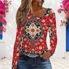 Women Plus Size Asymmetric Cutout Neck Cold Shoulder Long Sleeve Blue Printed Fitted Top