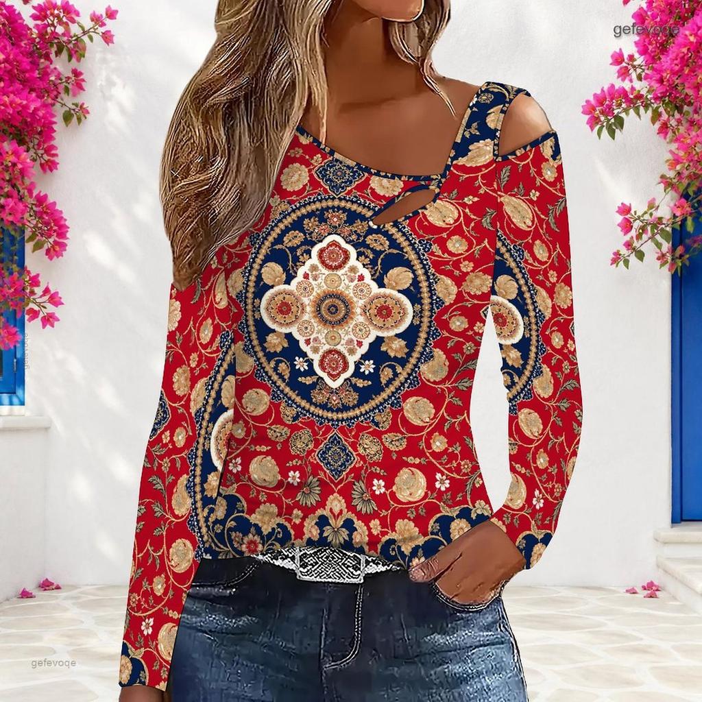 Women Plus Size Asymmetric Cutout Neck Cold Shoulder Long Sleeve Blue Printed Fitted Top