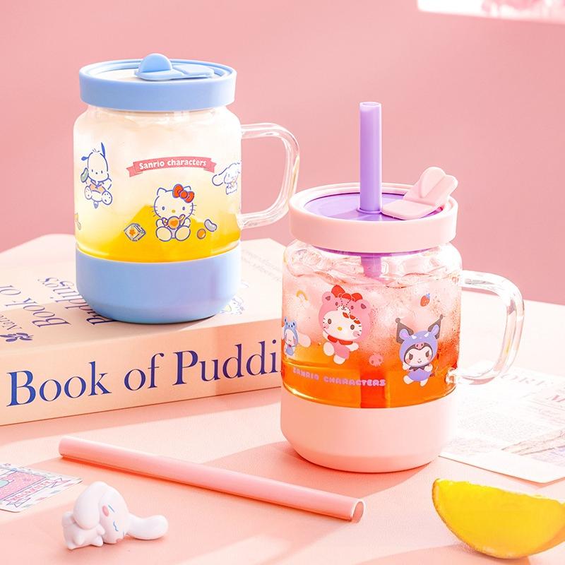 For Sanrio Straw Glass Cup High Borosilicate Glass Coffee Milk Mug Cartoon Juice Oat Cup with Heat-resistant Silicone Cup Sleeve
