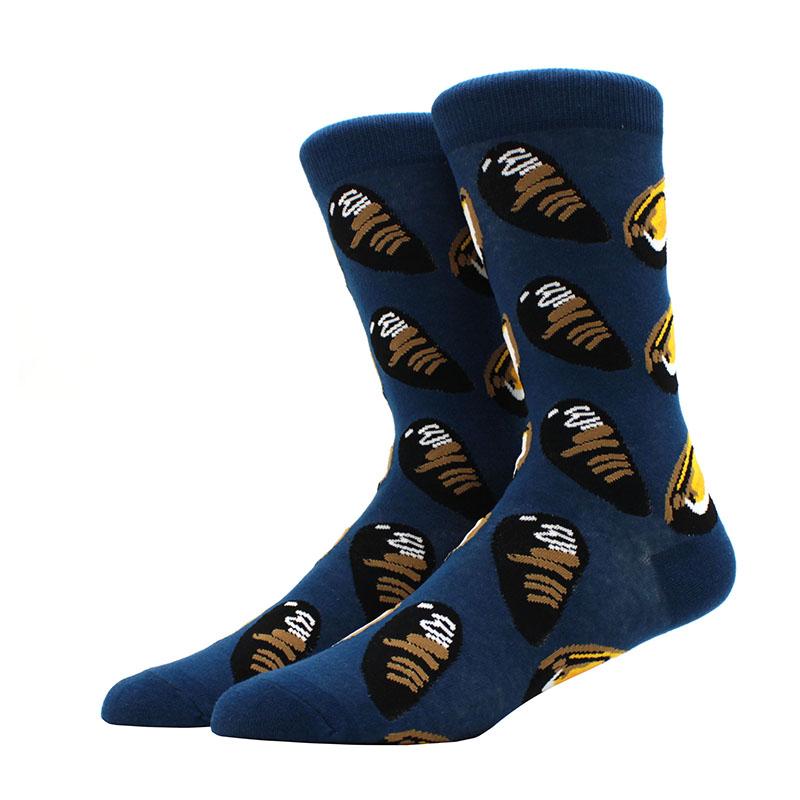 Roliga glada herrstrumpor med grafisk design, kammad bomull, omelett, groda, galen klocka, lax, majs, fågel, fisk, strumpa, julklapp