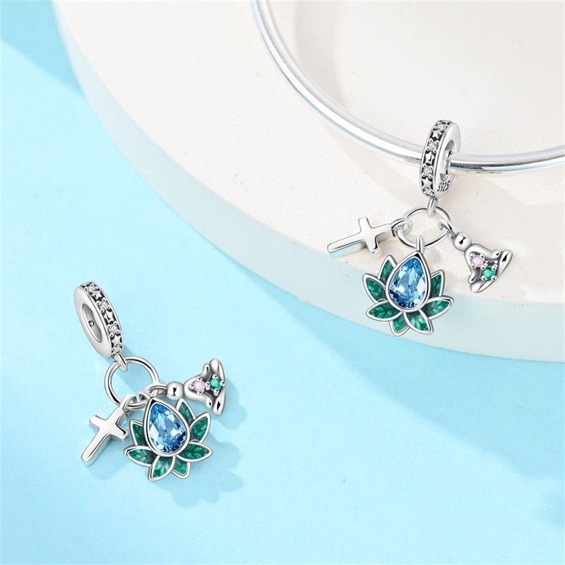 Copper Sparkling Zircon Lotus Pendant Beads Charms Fit For The Brand'S Diy Bracelet Women Jewelry Girlfriend Gifts